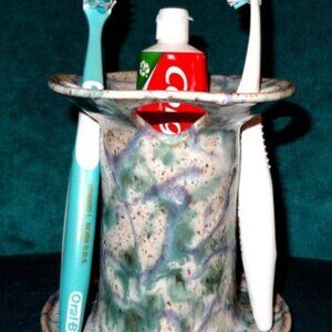 Hand Thrown Art Pottery Toothbrush Toothpaste Holder Signed Blue Drip Glaze